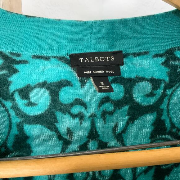 Talbots Wool Cardigan Sweater Teal Scroll Print Whimsigoth Small Quiet Luxury - Picture 7 of 8
